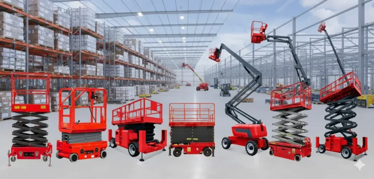 Dade red and white scissor lifts factory inventory ready for global shipping