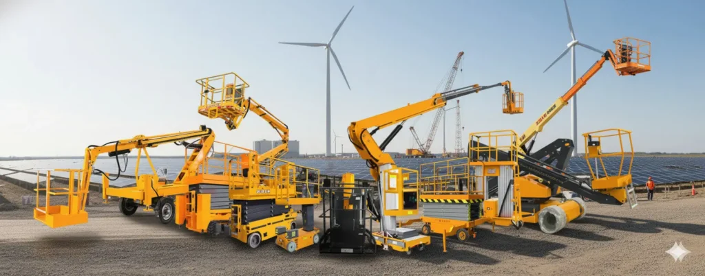 Dade Aerial Lift Platforms boom lift vehicles with wind turbine green energy background