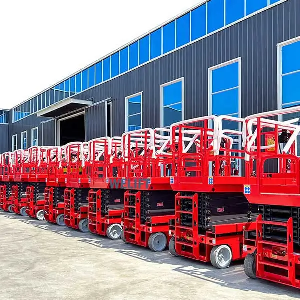 DADE Machinery aerial work platform factory with rows of red scissor lifts ready to ship
