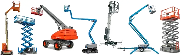 DADE Machinery access equipment line up including boom lifts and vertical platforms