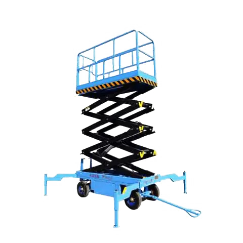Blue mobile hydraulic scissor lift fully extended with outrigger stabilizers