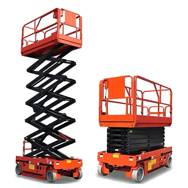 Elevated and lowered states comparison of red self-propelled electric scissor lift
