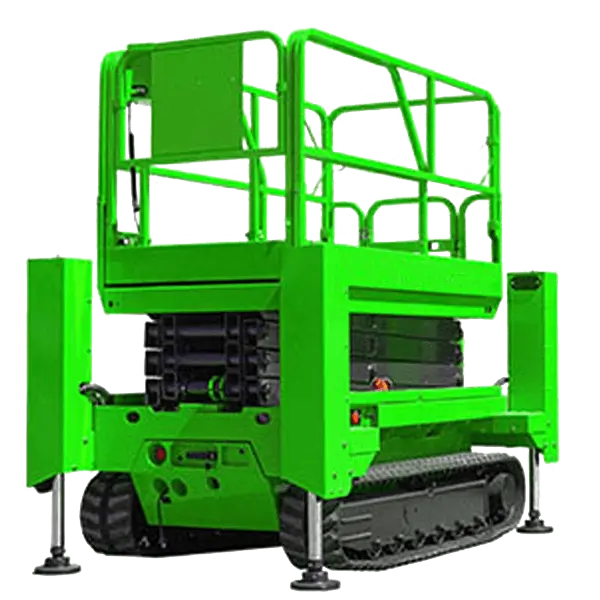 Lime green rough-terrain crawler  electric scissor lifts for sale with automatic leveling outrigger stabilizers extended
