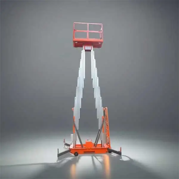 Dual mast aluminum alloy aerial work platform with extended outriggers