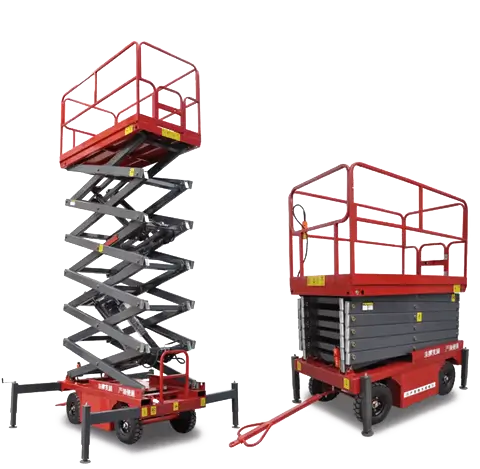 Red electric self-propelled scissor lift extended and lowered position comparison