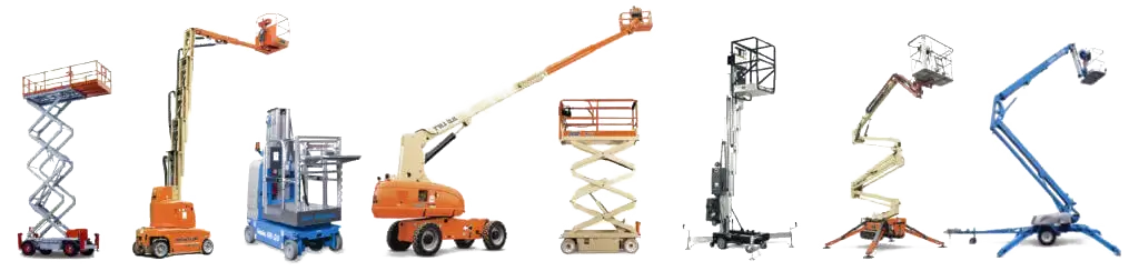 DADE Machinery access equipment line up including boom lifts and vertical platforms