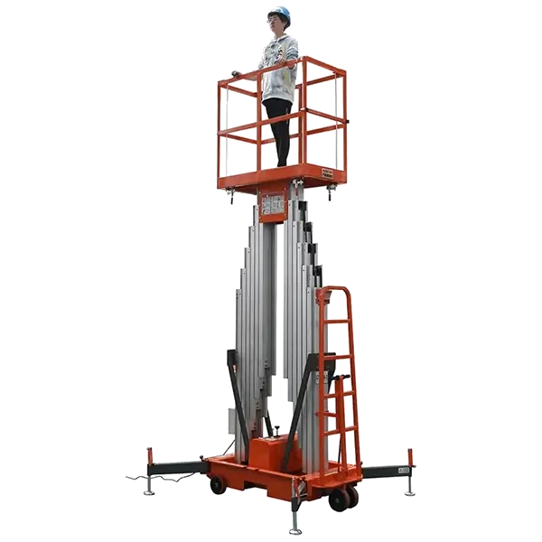 High-reach single mast aluminum personnel lift fully extended