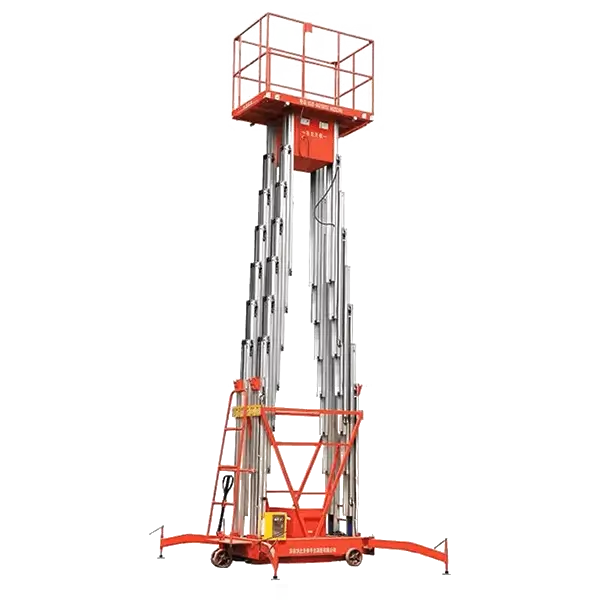 Compact single mast aluminum personnel lift on white background