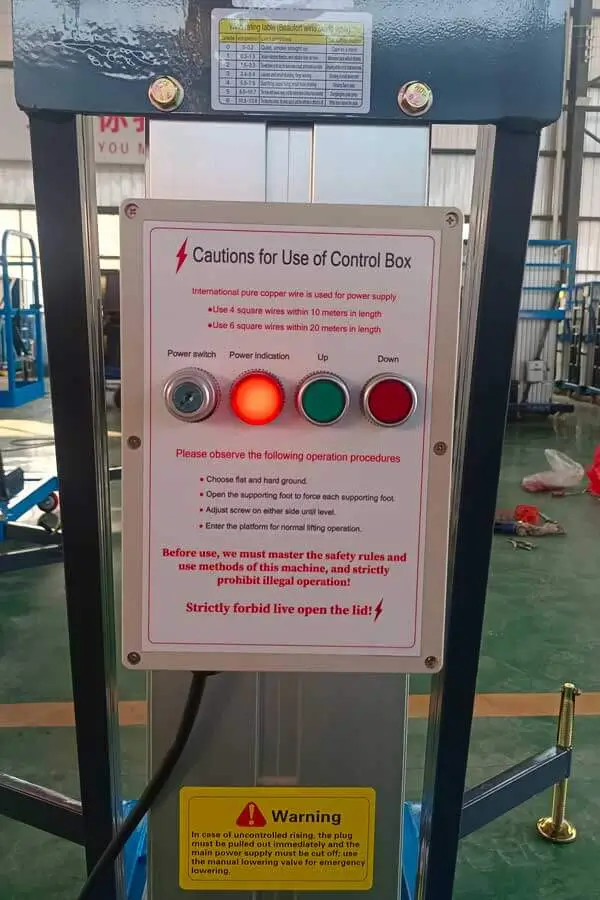 Ground control panel with emergency stop switch for aluminum mast lift