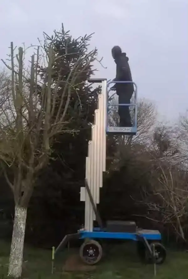 Operator using compact mast lift for outdoor tree and facility maintenance